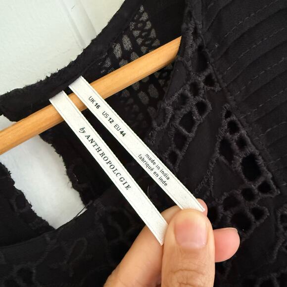 Anthropologie Eyelet Ruffled Sheer Black Top Long Sleeves Size 12 Prairie Boho - Picture 7 of 10